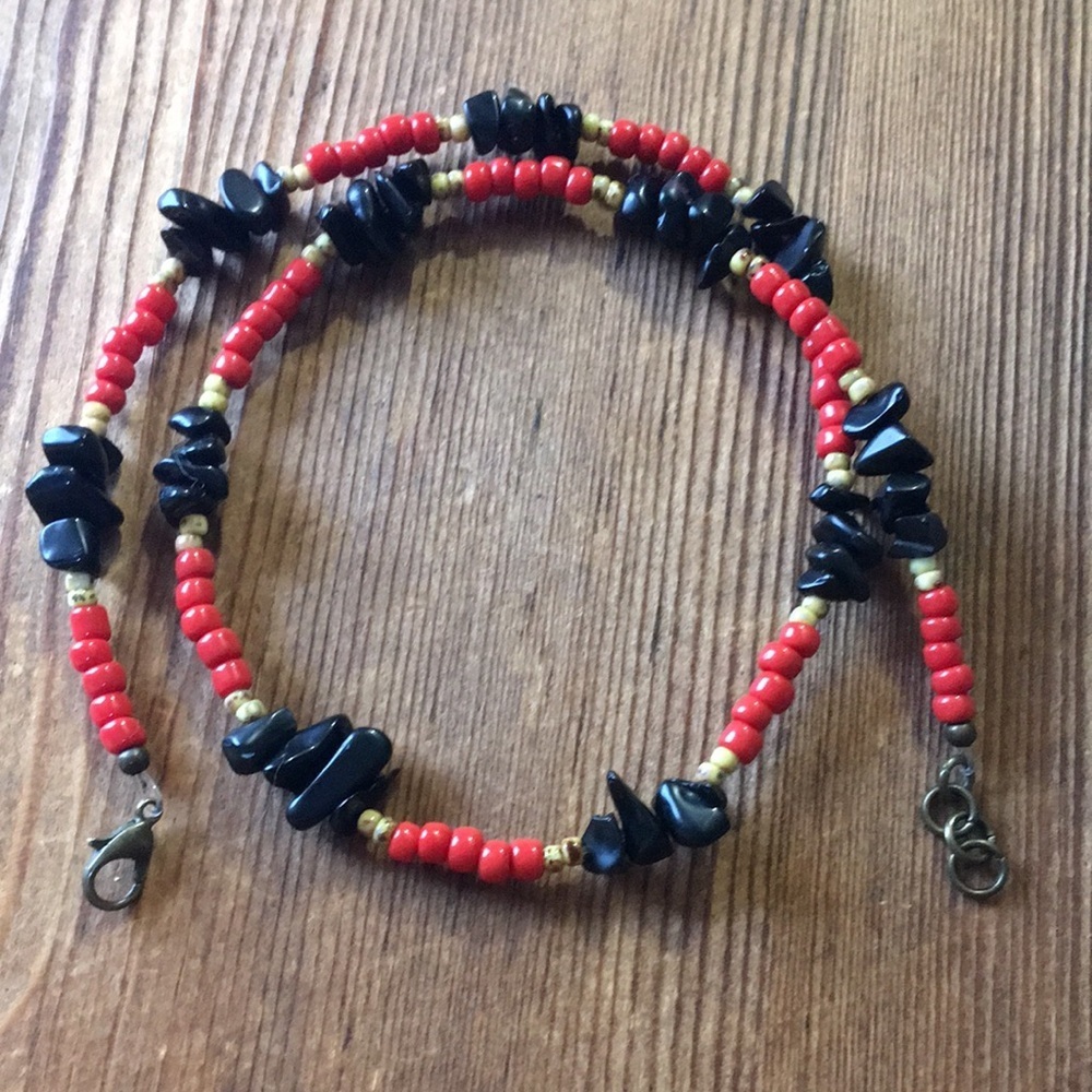 Men's Necklace, 18 Inches Long, Red and Black Nuggets /Handmade Men's Necklace - Picture 10 of 12